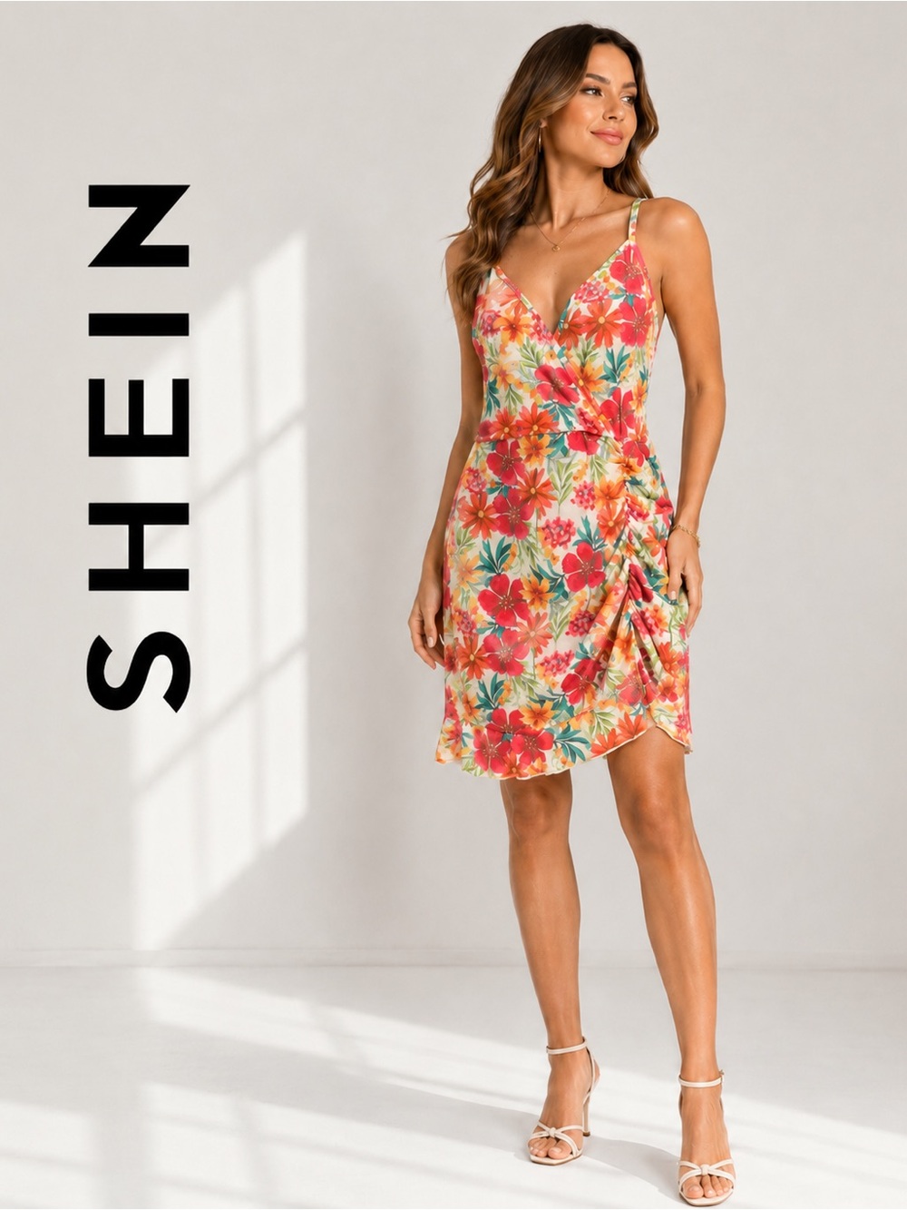•SHEIN Tropical Floral Ruched Wrap Mini Dress XL Colorful Spaghetti Strap